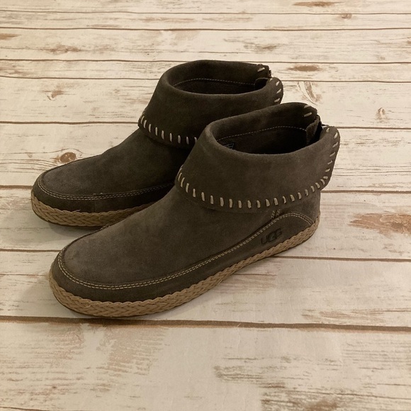 UGG Varney Gray Leather Suede Varney Moccasin Ankle Booties Size 6 - Picture 2 of 10